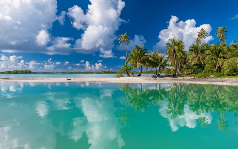 a turquoise lagoon with palm trees under a bright sky, beaches, coasts, clouds, islands, lagoons, landscapes, palm trees, sand, sands, sea, sky, nature, world