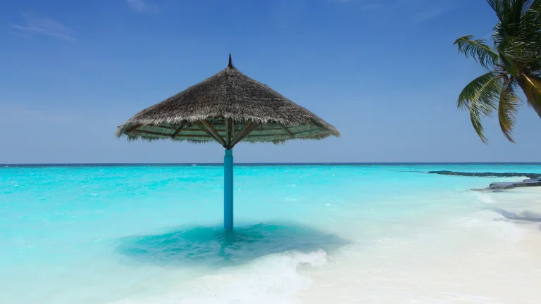 a straw umbrella in the turquoise waters of the maldives, beaches, coasts, landscapes, maldives, palm trees, sea, umbrellas, nature, world