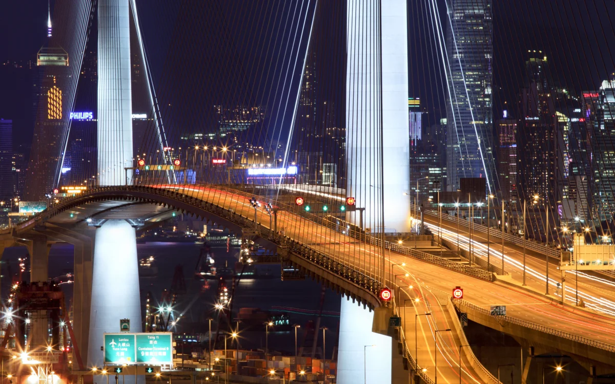 the lights of the stone cutters night bridge in hong kong, stonecutters bridge, china, bridges, cities, city, cityscape, cityscapes, engineering marvel, engineering structures, hong kong, night lights, lights, streetlights, street lamps, lighting, night, roads, highways, motorways, avenues, driveways, passageways, skyscrapers, architecture, world