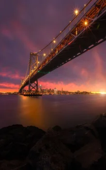 sunset over the bay bridge in the u.s., brooklyn bridge, new york, bridges, cities, city, clouds, engineering marvel, engineering structures, evening, evenings, twilight, dus, landscapes, night lights, lights, streetlights, street lamps, lighting, night, rivers, canals, streams, san francisco, sky, skyscrapers, sun, sun rays, sunlight, rays, sunsets, sunset, usa, united states, architecture, world
