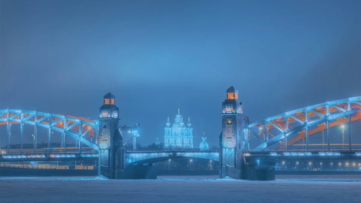 Blue twilight over the Bolsheokhtinsky Bridge