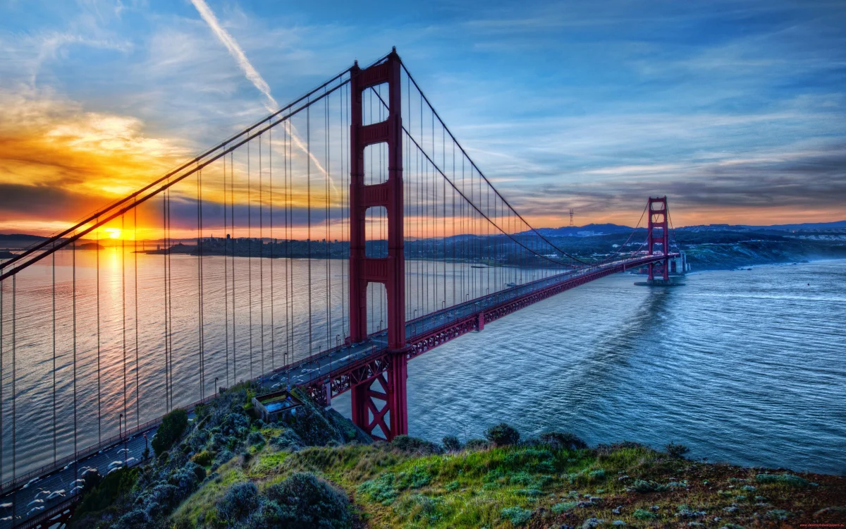the golden gate bridge against the backdrop of san francisco's sunset sky, golden gate bridge, san francisco, bridges, california, clouds, engineering marvel, engineering structures, golden gate, landscapes, mountains, peaks, hills, sky, sun, sun rays, sunlight, rays, sunsets, sunset, usa, united states, architecture, world