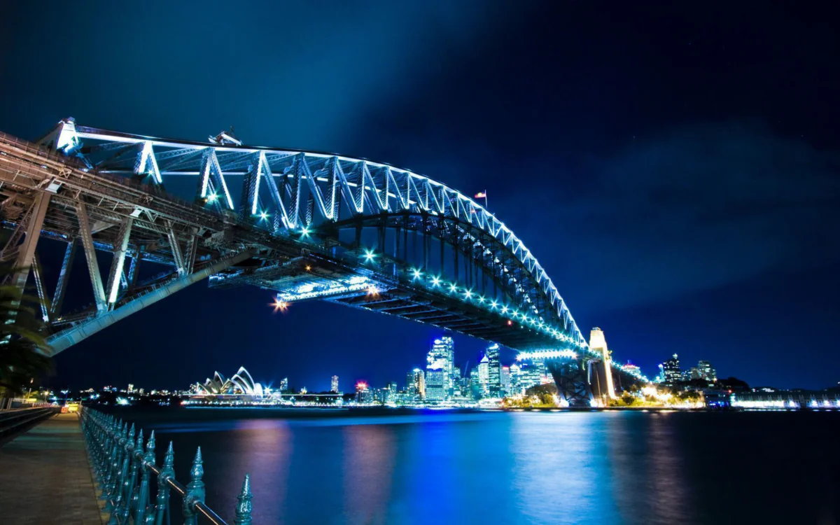 The Harbor Bridge, aglow in Sydney's night lights