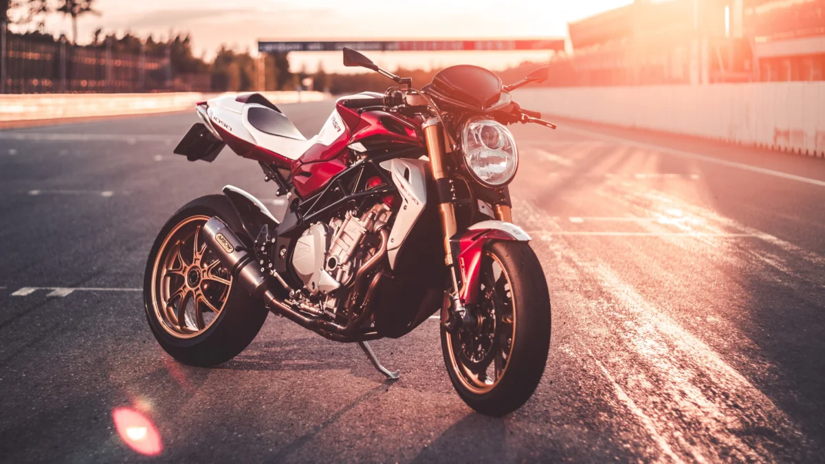 A red MV Agusta Brutale 1090 on the race track