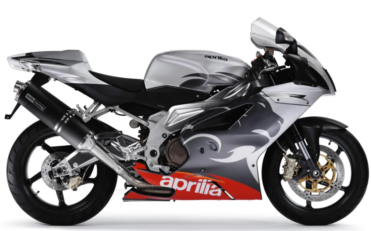 An Aprilia RSV 1000R sports motorcycle against a white background
