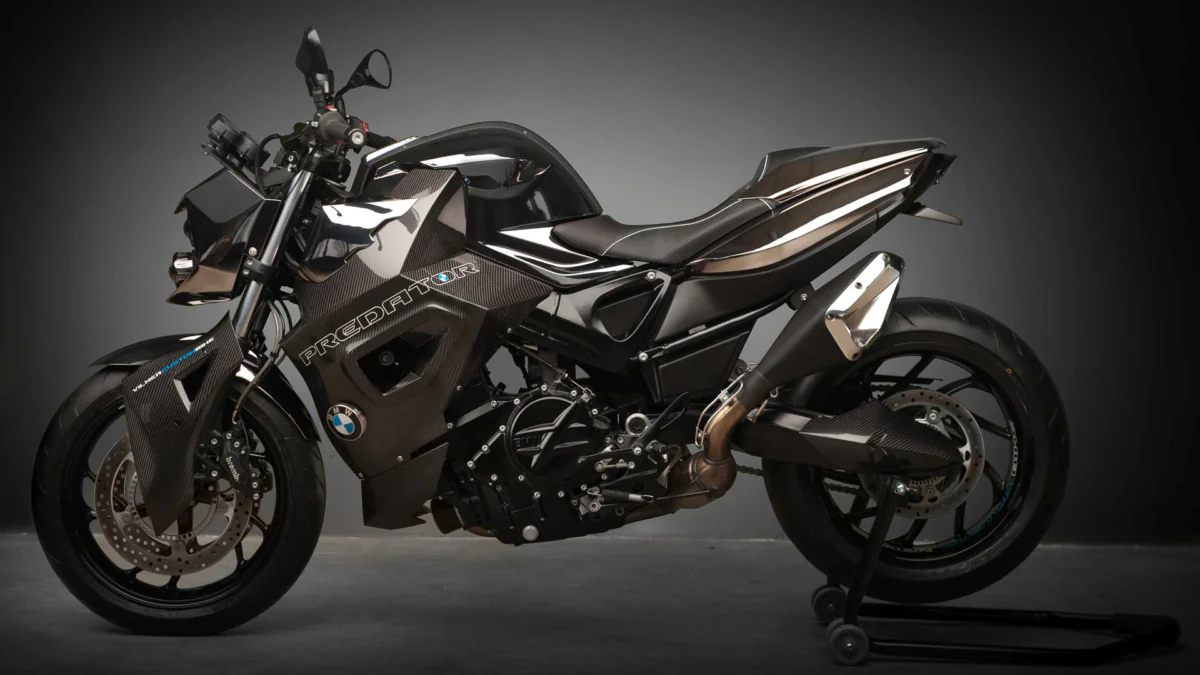 A Custom BMW F800R Predator Under Studio Lighting