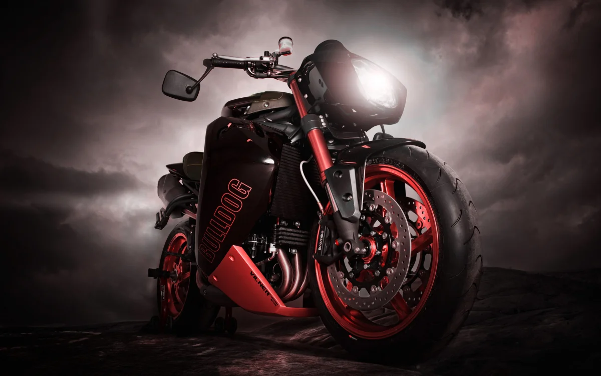 A Vilner Bulldog motorcycle against a stormy sky