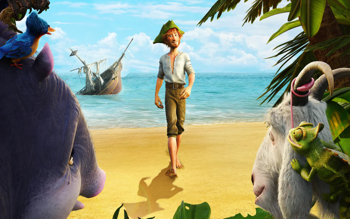 Robinson Crusoe is strolling along a tropical beach with his friends