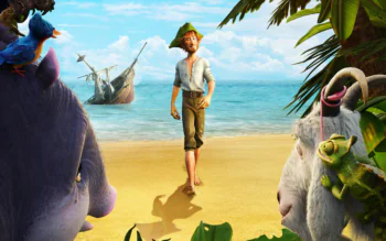 Robinson Crusoe is strolling along a tropical beach with his friends