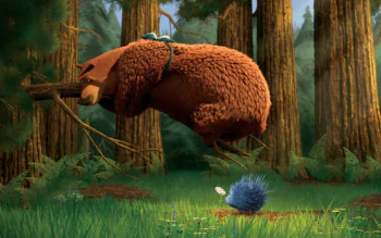 Bug and Quill in a dense forest from the cartoon "Hunting Season"