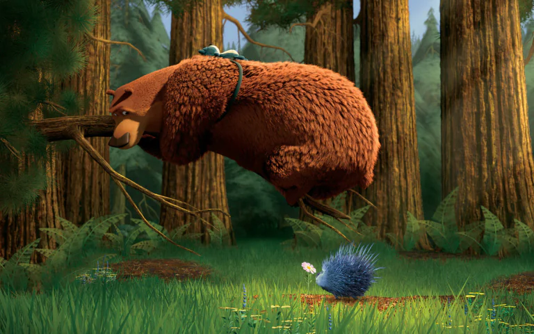 Bug and Quill in a dense forest from the cartoon "Hunting Season"