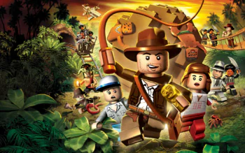 Indiana Jones in LEGO Adventures Against a Sunset Jungle Backdrop