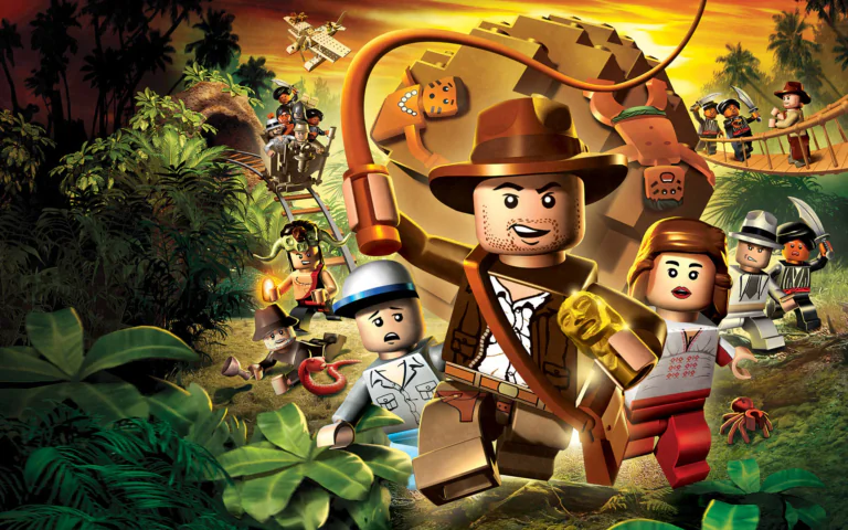 Indiana Jones in LEGO Adventures Against a Sunset Jungle Backdrop