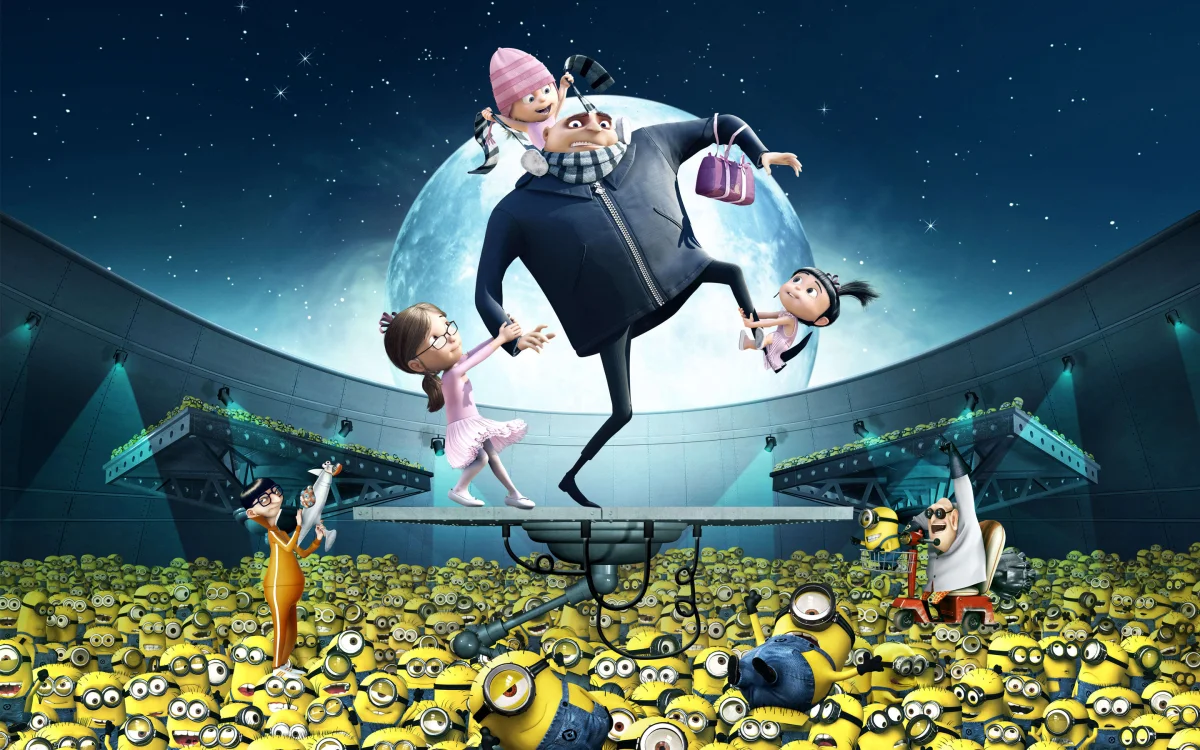 Gru and his adopted daughters against the backdrop of a full moon, surrounded by Minions
