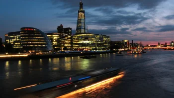 the lights of london at night, with a view of the shard skyscraper, london, united kingdom, boats, motorboats, speedboats, cities, city, cityscape, cityscapes, clouds, evening, evenings, twilight, dus, night lights, lights, streetlights, street lamps, lighting, night, rivers, canals, streams, ships, vessels, skyscrapers, sunsets, sunset, thames, the city at night, england, architecture, world