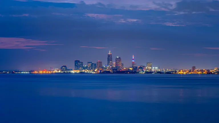 The lights of Cleveland's skyscrapers on the shores of Lake Erie