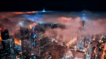 the lights of chicago, shrouded in thick fog, chicago, u.s., cities, city, cityscape, cityscapes, clouds, fog, night lights, lights, streetlights, street lamps, lighting, night, skyscrapers, the city at night, usa, united states, architecture, world