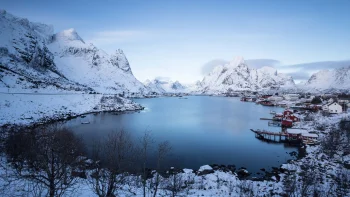 rorbu on the rhine, norway, bays, coves, straits, fjords, landscapes, mountains, peaks, hills, snow, nature, world