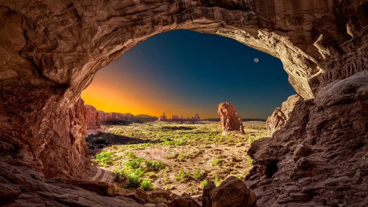 View of Arches at sunset from the stone arch