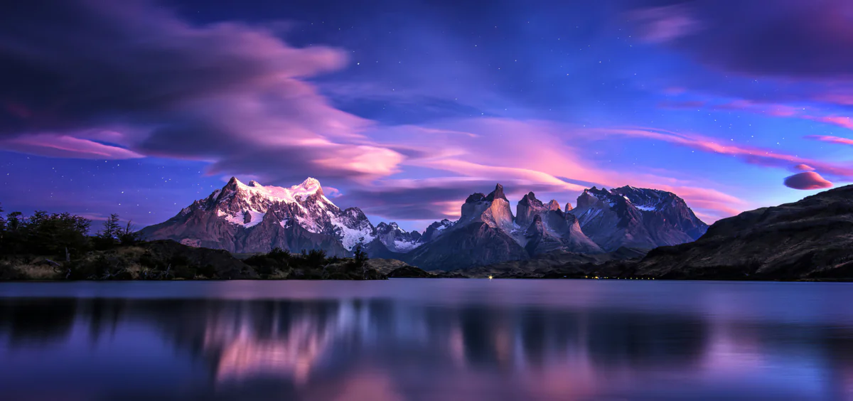 Sunset over the Torres del Paine mountain range in Chile