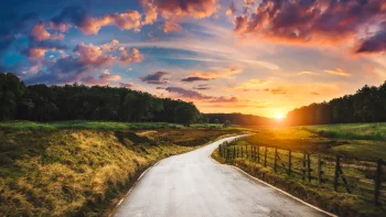a winding road through the fields, bathed in the rays of the setting sun, peak district (united kingdom), clouds, evening, evenings, twilight, dus, fields, field, forest, forests, herb, herbs, lawns, landscapes, nature reserves, wildlife reserves, parks, national parks, roads, highways, motorways, avenues, driveways, passageways, sky, sun, sun rays, sunlight, rays, sunsets, sunset, united kingdom, england, nature, world