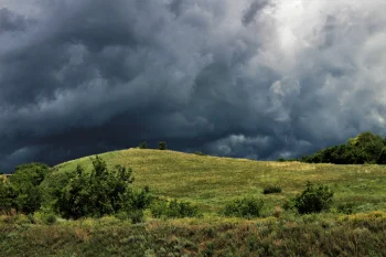 thunderclouds over a green hill, clouds, herb, herbs, lawns, landscapes, mountains, peaks, hills, shrubs, nature