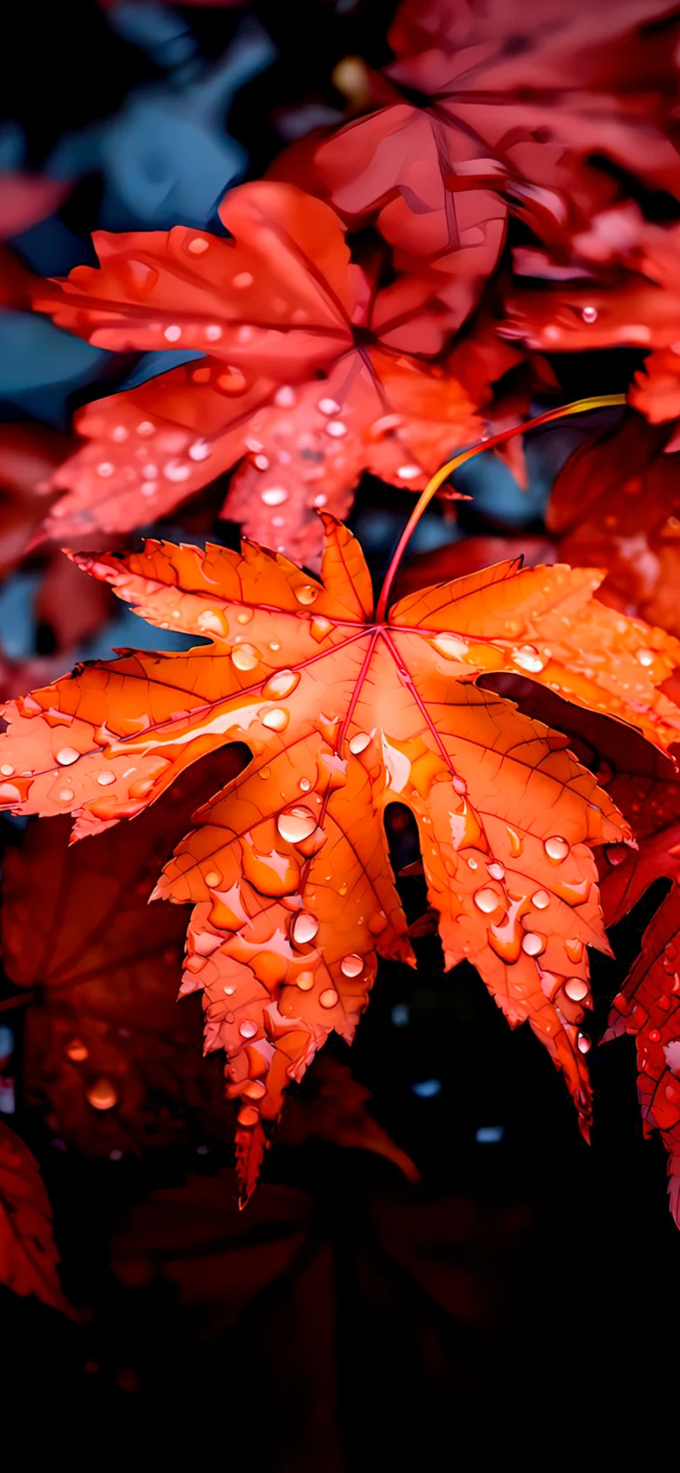 bright red maple leaves with dewdrops, autumn, autumns, leaves, foliage, leafage, frondage, macro photography, macro, rain, nature