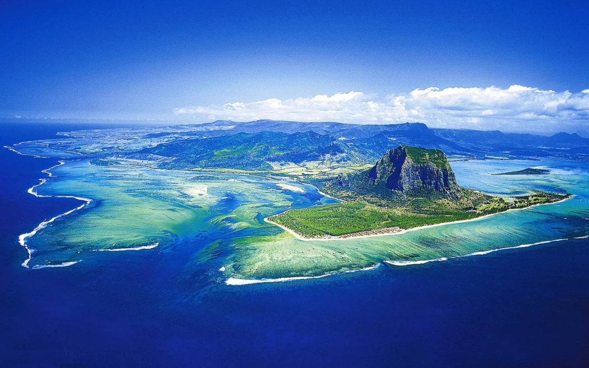 An aerial view of Le Morne Brabant and an underwater waterfall off the coast of Mauritius