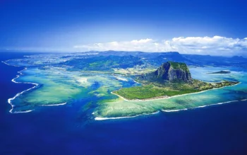 An aerial view of Le Morne Brabant and an underwater waterfall off the coast of Mauritius