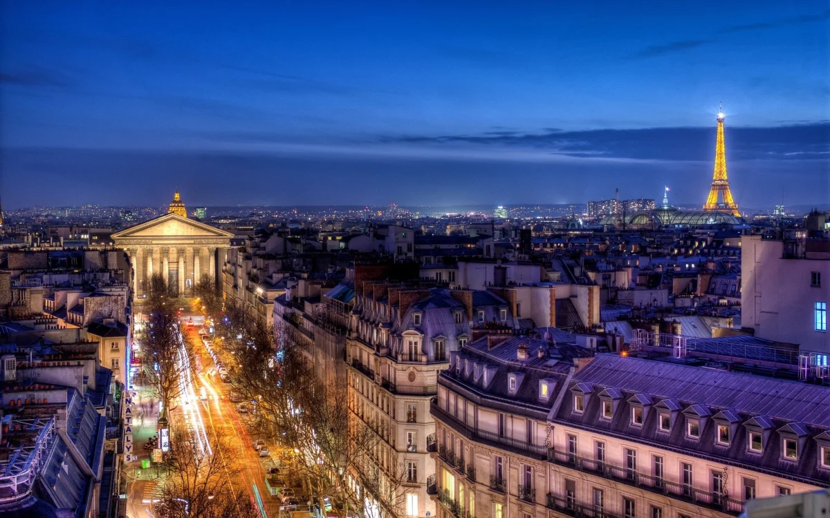 the eiffel tower and the church of the madeleine, churches, cities, city, cityscape, cityscapes, eiffel tower, france, megacities, night lights, lights, streetlights, street lamps, lighting, night, paris, roofs, streets, architecture, world
