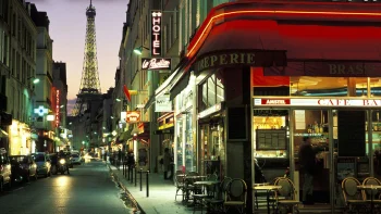 the evening lights of a parisian street with a view of the eiffel tower, cities, city, cityscape, cityscapes, eiffel tower, france, hotels, night lights, lights, streetlights, street lamps, lighting, night, paris, streets, architecture, world