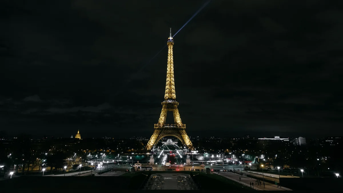 The golden lights of the Eiffel Tower in Paris at night