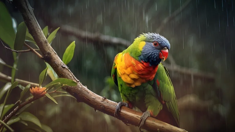 a multicolored lorikeet on a branch in the rain, multicolored lorikeet, birds, feathers, plumage, leaves, foliage, leafage, frondage, parrots, rain, animals, fauna
