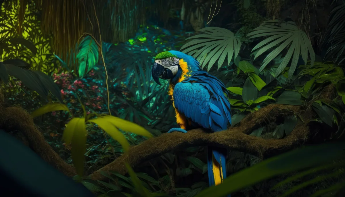 A blue-and-yellow macaw in dense tropical undergrowth