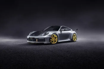 сріблястий techart gtstreet r із золотими дисками, porsche 911, porsche, диски, колеса, купе, машини, автомобілі, порше, спорткари, тюнінг, авто