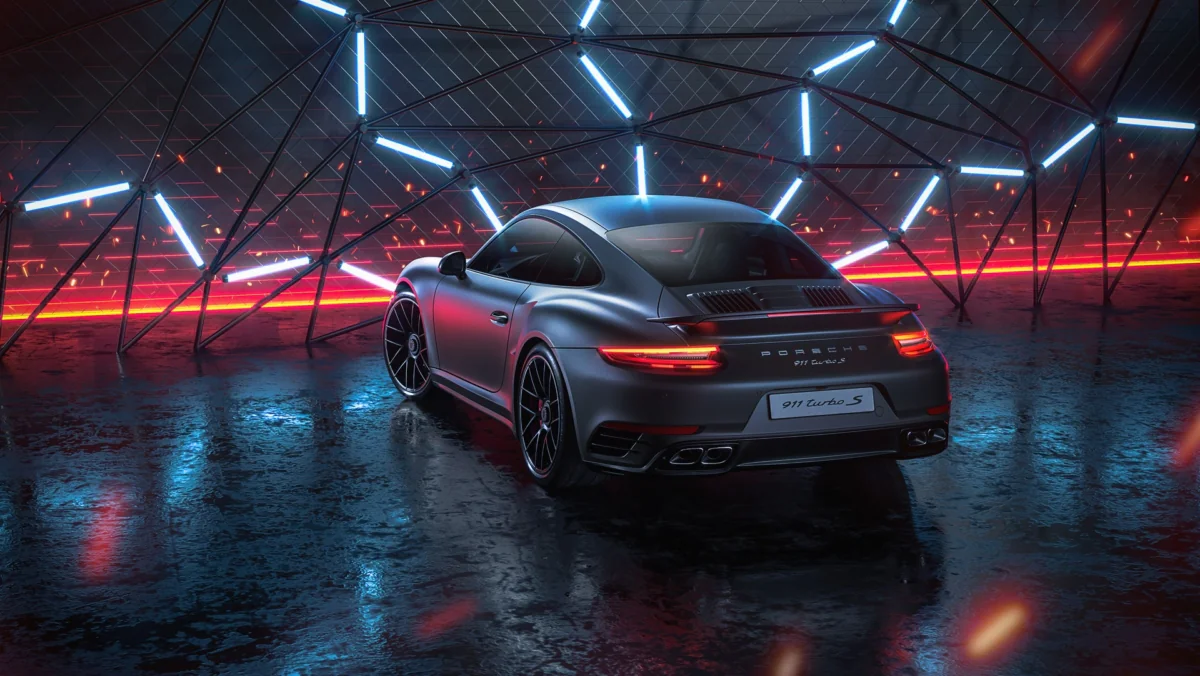 Серый Porsche 911 Turbo S в неоновом свете футуристичной инсталляции