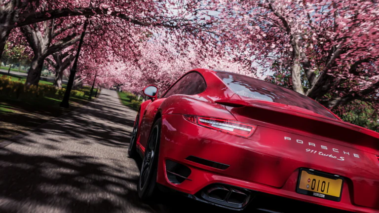 A red Porsche 911 Turbo S on an avenue lined with blooming cherry blossoms