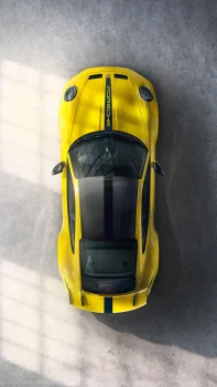 ярко-желтый porsche 911 gt2 rs в лучах света на бетонном полу, porsche 911 gt2, porsche, вид сверху, купе, машины, автомобили, порше, спорткары, авто