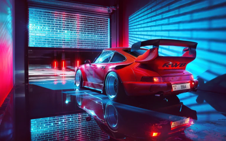 Червоний Porsche 911 з обвісом RWB у неоновому світлі гаража