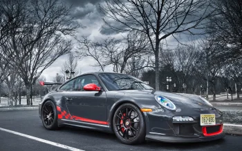 сірий porsche 911 gt3 на парковці в похмурий день, porsche 911 sport tuning, porsche, вулиці, дерева, диски, колеса, дороги, шляхи, траси, шосе, магістралі, автостради, проспекти, проїзди, машини, автомобілі, порше, спорткари, хмари, авто