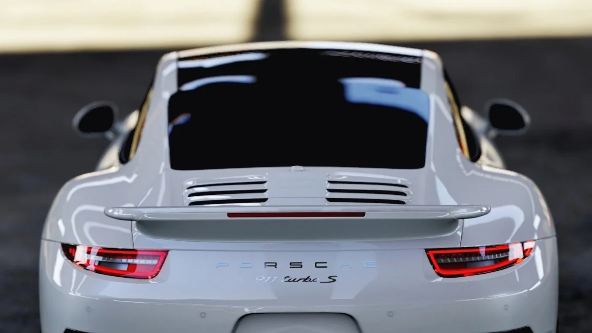 Rear view of a white Porsche 911 Turbo S