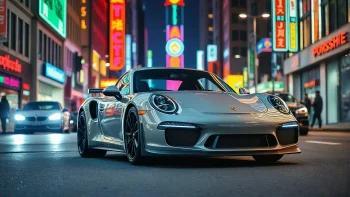 сріблястий porsche 911 на нічній вулиці, porsche 911, porsche, вивіски, вулиці, диски, колеса, дороги, шляхи, траси, шосе, магістралі, автостради, проспекти, проїзди, машини, автомобілі, міста, місто, нічні вогні, вогні, ліхтарі, підсвітка, ніч, порше, спорткари, фари, авто