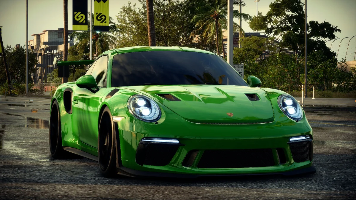 ярко-зеленый porsche 911 gt3 rs, porsche 911, porsche, движение, дороги, пути, трассы, шоссе, магистрали, автострады, проспекты, проезды, лето, машины, автомобили, пальмы, порше, скорость, спорткары, улицы, фары, авто