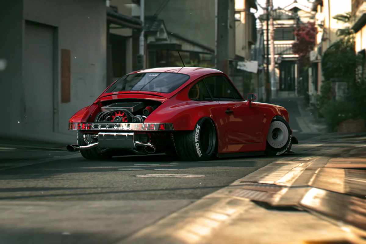 Червоний Porsche 911 на вузькій вуличці Японії
