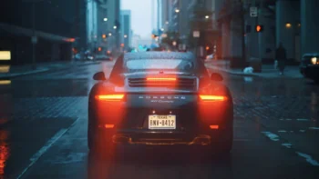 A Porsche 911 Carrera in the rainy twilight on the streets of Houston