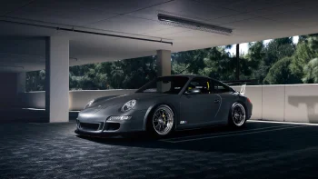 сірий porsche carrera у тіні бетонного паркінгу, porsche carrera, porsche, дерева, диски, колеса, купе, машини, автомобілі, порше, спорткари, тюнінг, авто