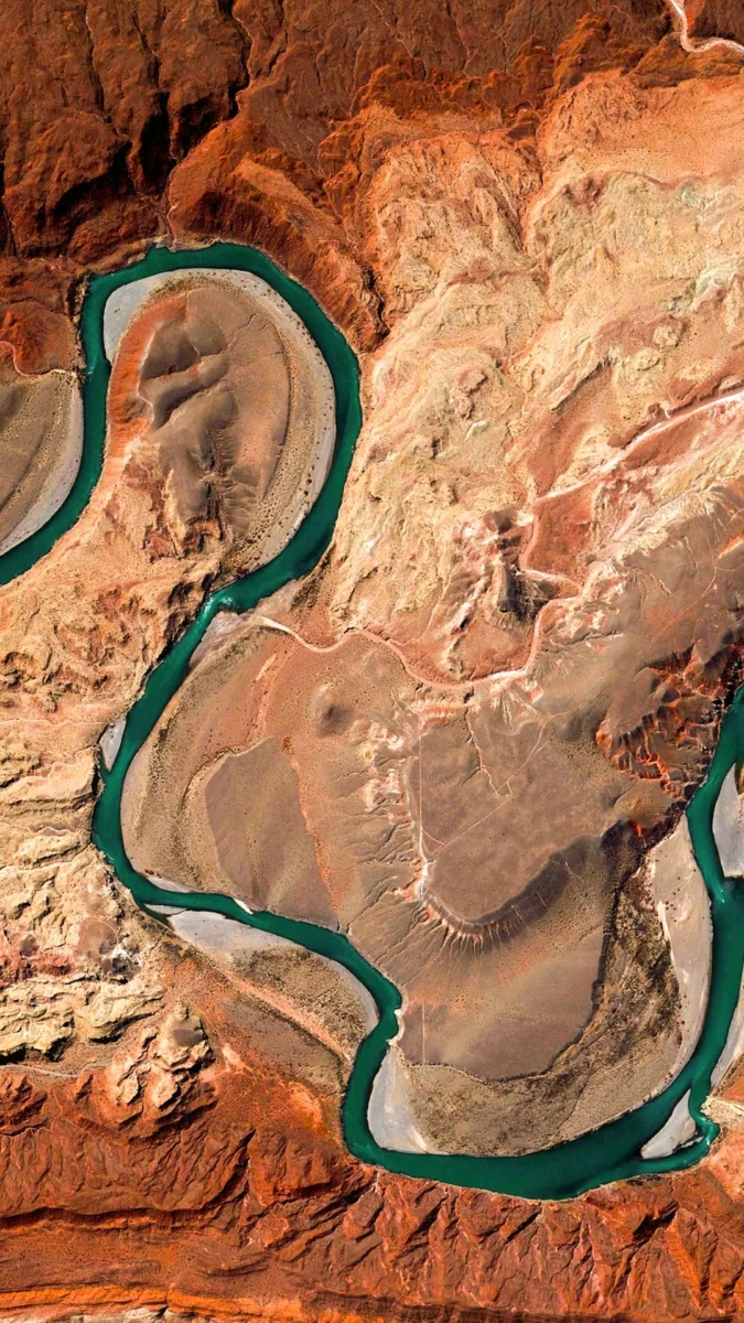 The winding course of the Colorado River amid the desert rocks of Arizona