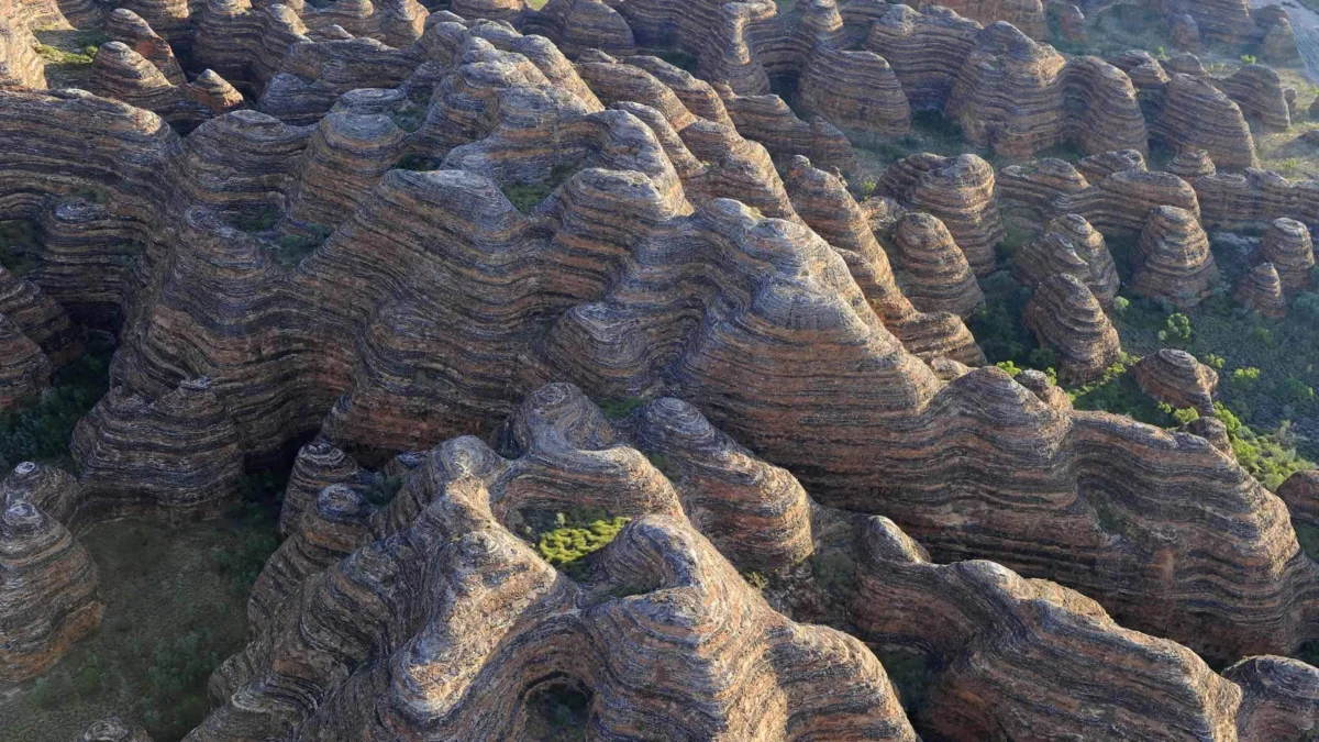 Aerial view of the banded cliffs at Purnululu National Park in Australia