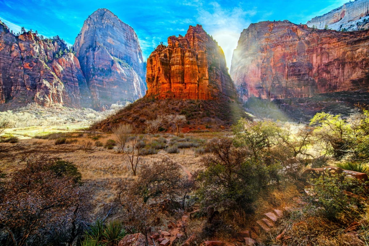 Sunbeams over the red cliffs of Zion National Park