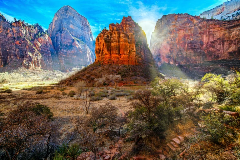 Sunbeams over the red cliffs of Zion National Park